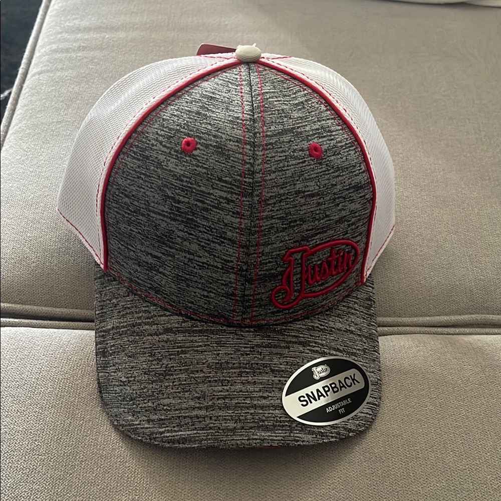 Gray and White Snapback Cap with Red Accents
